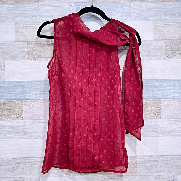 BANANA REPUBLIC Sheer Embroidered Dot Tie Neck Blouse Red Sleeveless Womens 0 - Picture 1 of 5